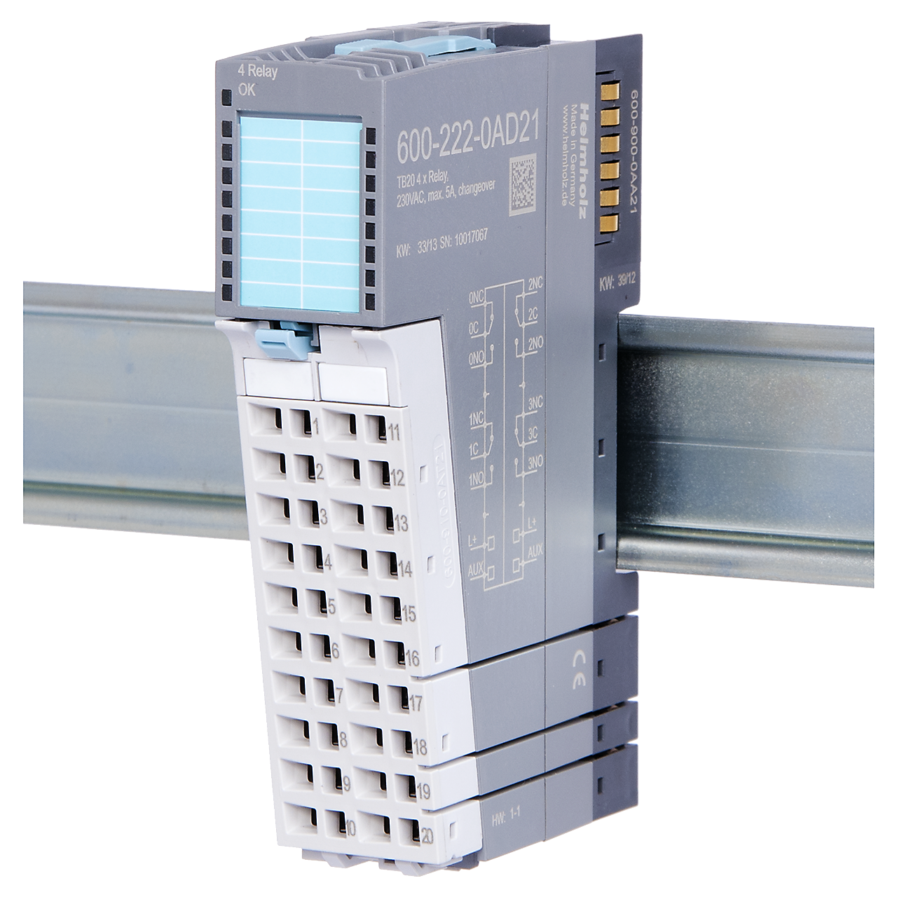 Helmholz TB20, Modulo Salidas Digitales - DO 4x Relay, 5 A, AC 230 V, changeover 600-222-0AD21