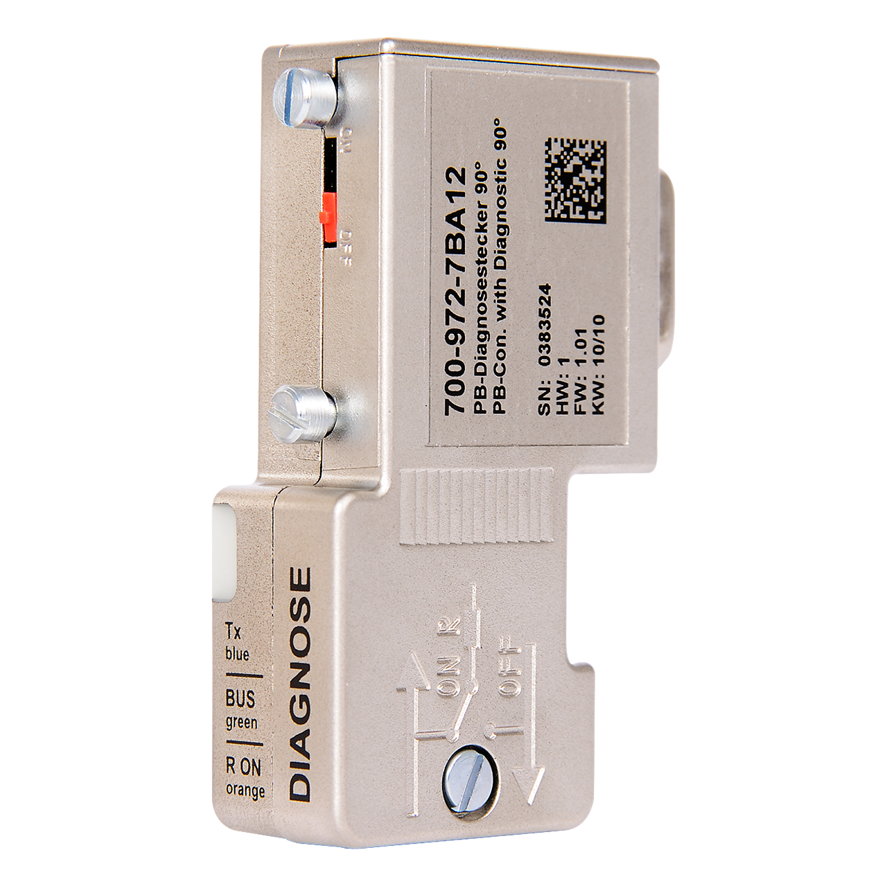 Helmholz Conector PROFIBUS 90° con LEDs de diagnostico, sin conexion PG trasera, terminales de tornillo 700-972-7BA12