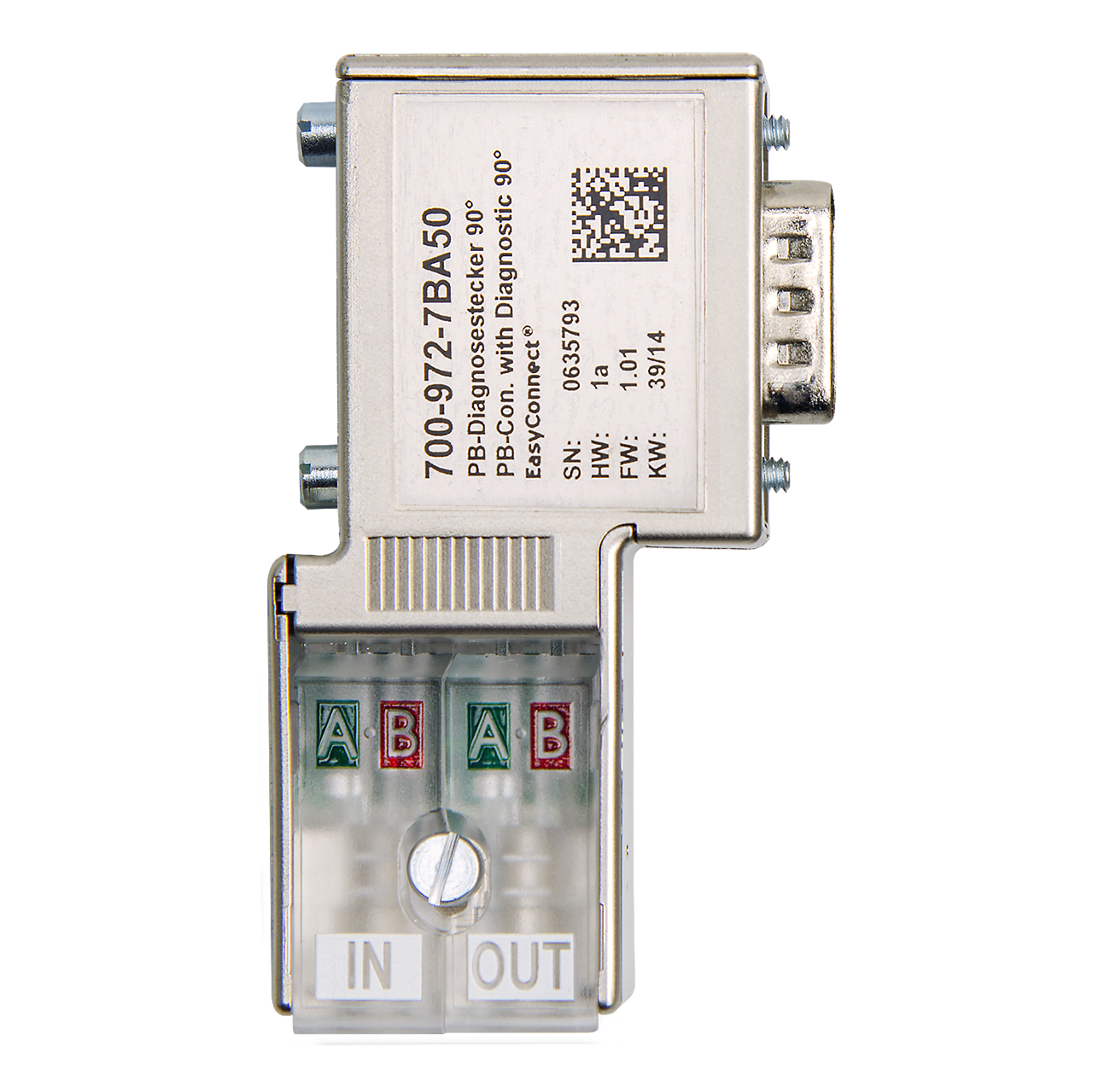 Helmholz Conector PROFIBUS 90° con LEDs de diagnostico EasyConnect©, para cable solido y flexible, sin conexion PG trasera 700-972-7BA50
