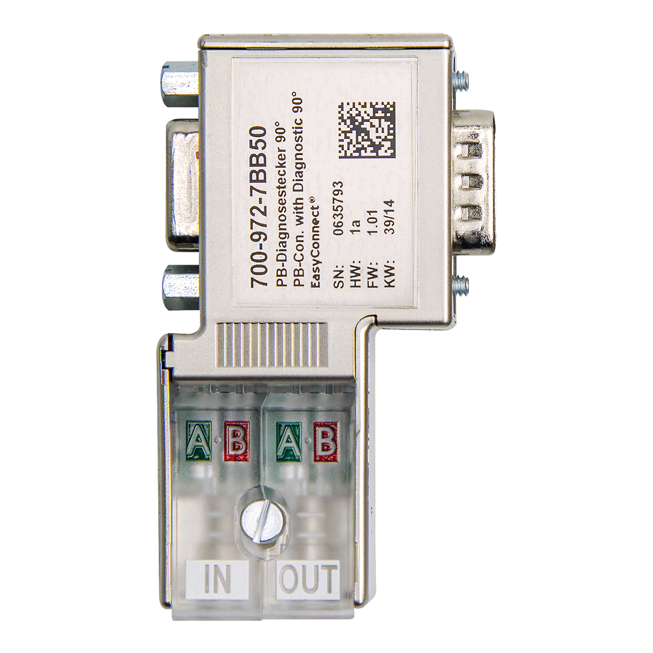 Helmholz Conector PROFIBUS 90° con LEDs de diagnostico EasyConnect©, para cable solido y flexible, con conexion PG trasera 700-972-7BB50