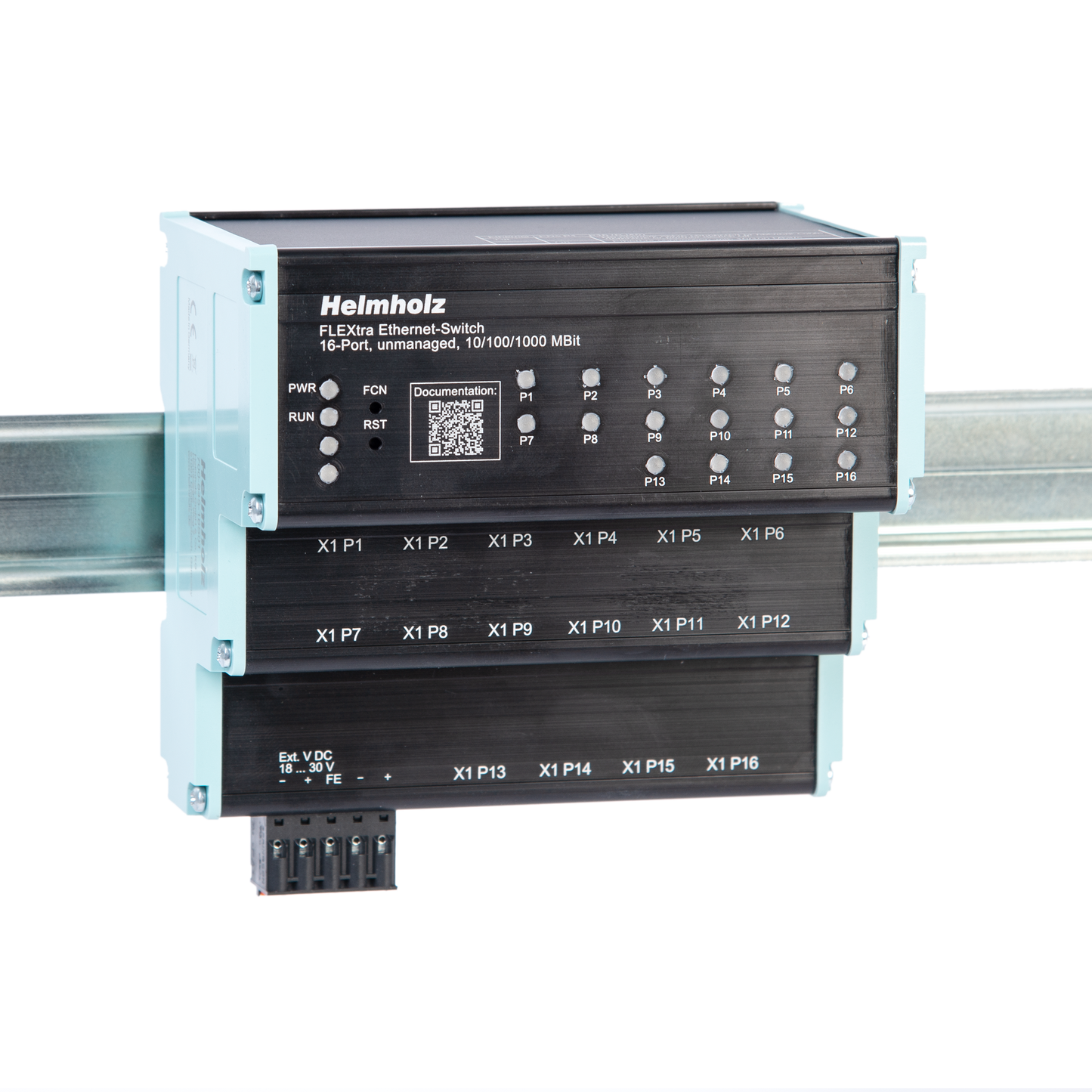 Helmholz FLEXtra Ethernet-Switch, 16 puertos, no administrado, 10/100/1000 MBit, montaje en riel DIN 700-845-16S01