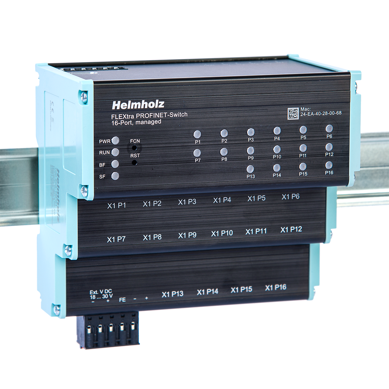 Helmholz FLEXtra PROFINET-Switch 16 puertos, 16x RJ45, administrable, 10/100/1000 MBit, montaje en riel DIN 700-855-16P01