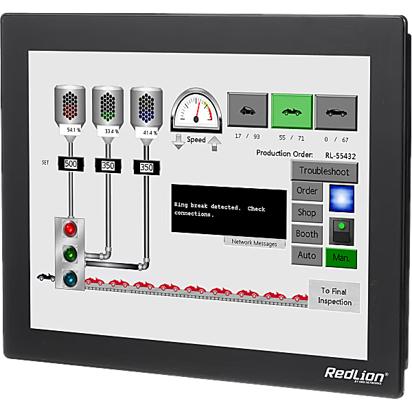 HMI de 15" con 4 Seriales, 2 Ethernet, 2 USB Host, Dispositivo USB, Servidor Web y Registro de Datos, Sin Logotipo