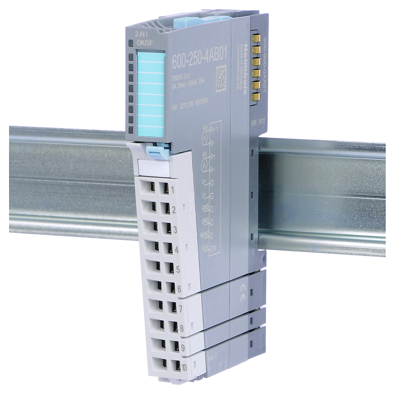 Helmholz TB20, Modulo Entradas Analogas - AI 2x I, 12 Bit, 0/4...20 mA, +-20 mA, 12 Bit 600-250-4AB01