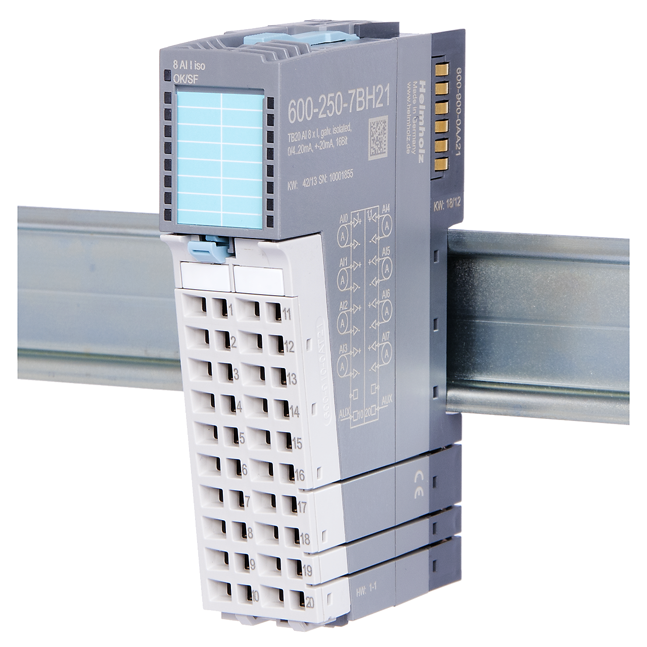 Helmholz TB20, Modulo Entradas Analogas - AI 8x I, 0/4-20mA, +-20mA, Iso., 16 Bit 600-250-7BH21