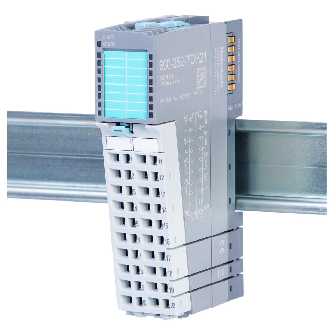 Helmholz TB20, Modulo Entradas Analogas - AI 8x U, +-100V, 0-100V, Iso., 16 Bit 600-252-7DH21
