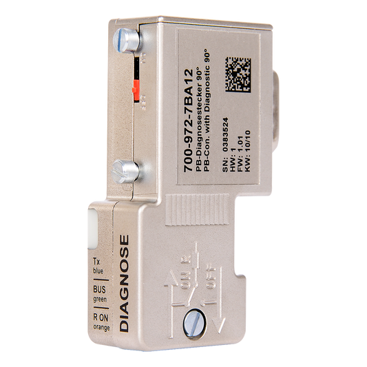 Helmholz Conector PROFIBUS 90° con LEDs de diagnostico, sin conexion PG trasera, terminales de tornillo 700-972-7BA12