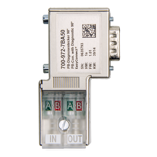 Helmholz Conector PROFIBUS 90° con LEDs de diagnostico EasyConnect©, para cable solido y flexible, sin conexion PG trasera 700-972-7BA50