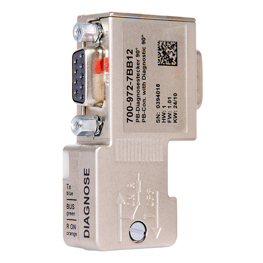 Helmholz Conector PROFIBUS 90° con LEDs de diagnostico , con conexion PG trasera, terminales de tornillo 700-972-7BB12
