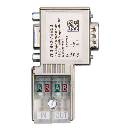 Helmholz Conector PROFIBUS 90° con LEDs de diagnostico EasyConnect©, para cable solido y flexible, con conexion PG trasera 700-972-7BB50